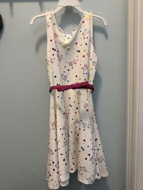 Pink Crush Girls' Unicorn & Star Print Dress with Sparkle Belt - White 6X